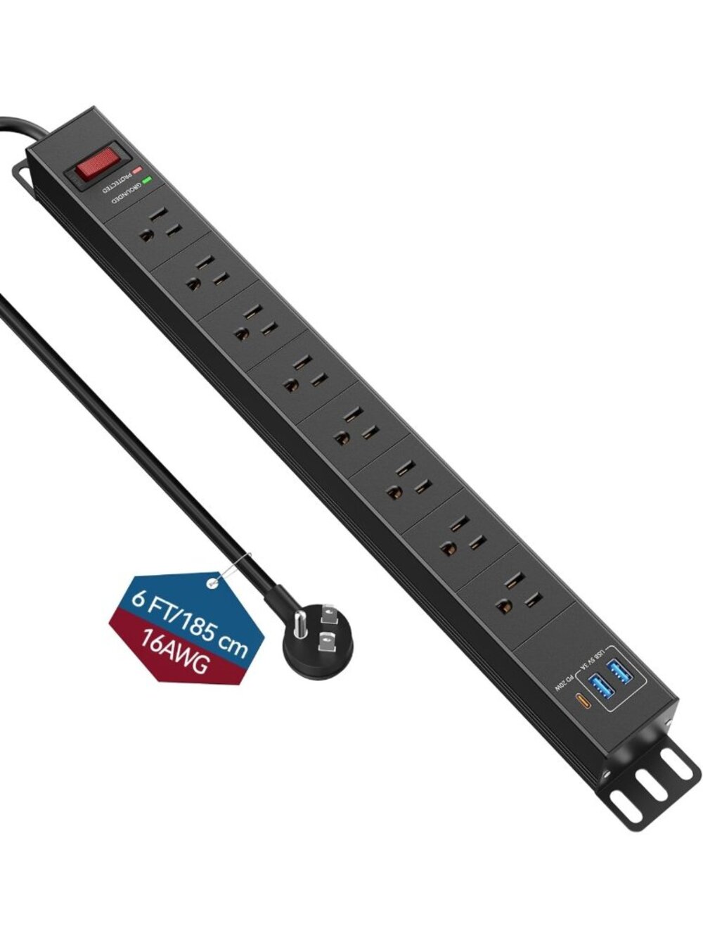 Heavy Duty 8 Outlet Power Strip with USB PD 20W & Surge Protection, 6FT Cord